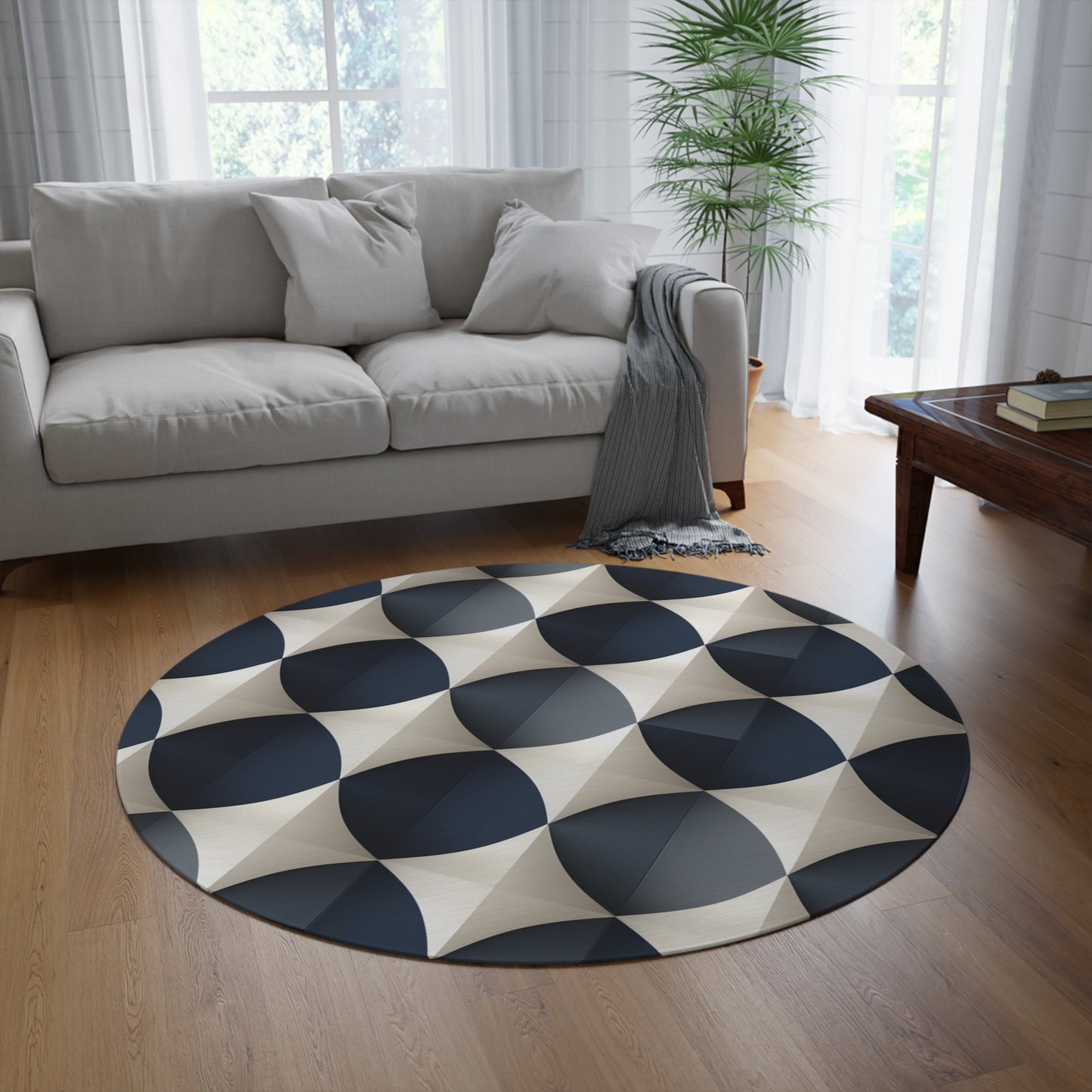 Navy and Grey 3D Checkers Round Rug