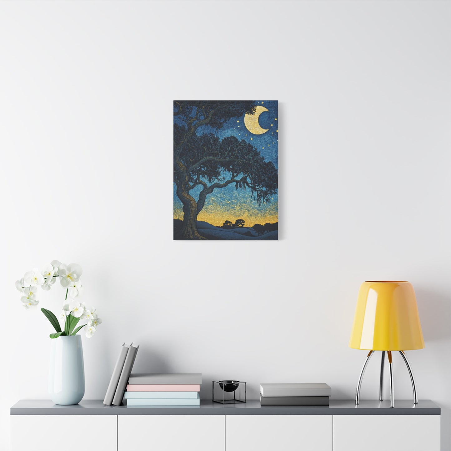 Savannah Stary Night Canvas Art Print - Moonlit Live OakTree Wall Decor