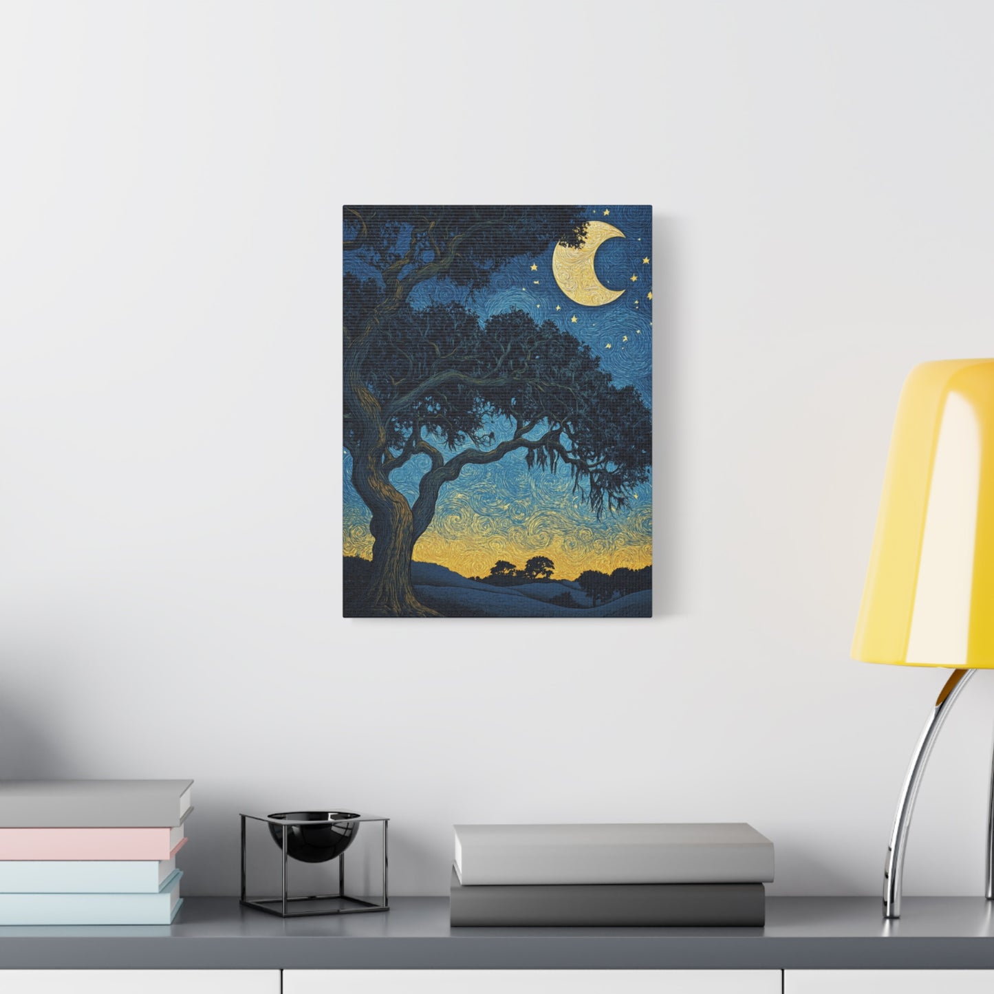 Savannah Stary Night Canvas Art Print - Moonlit Live OakTree Wall Decor