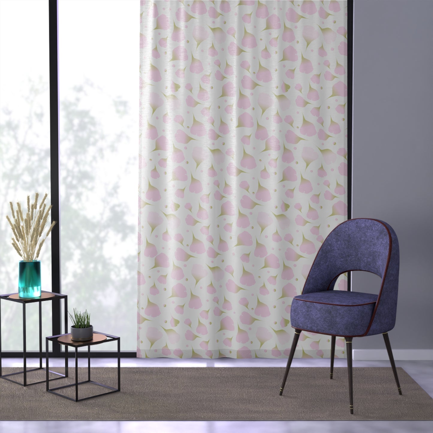 Soft Pink Floral Design - Sheer Window Curtain