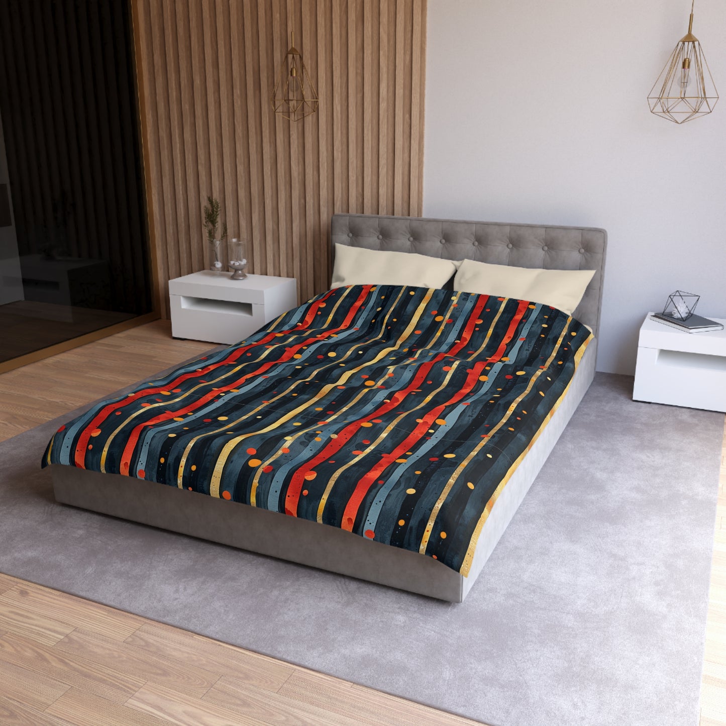 Dark Blue, Red, and Gold Stripes - Microfiber Duvet Cover