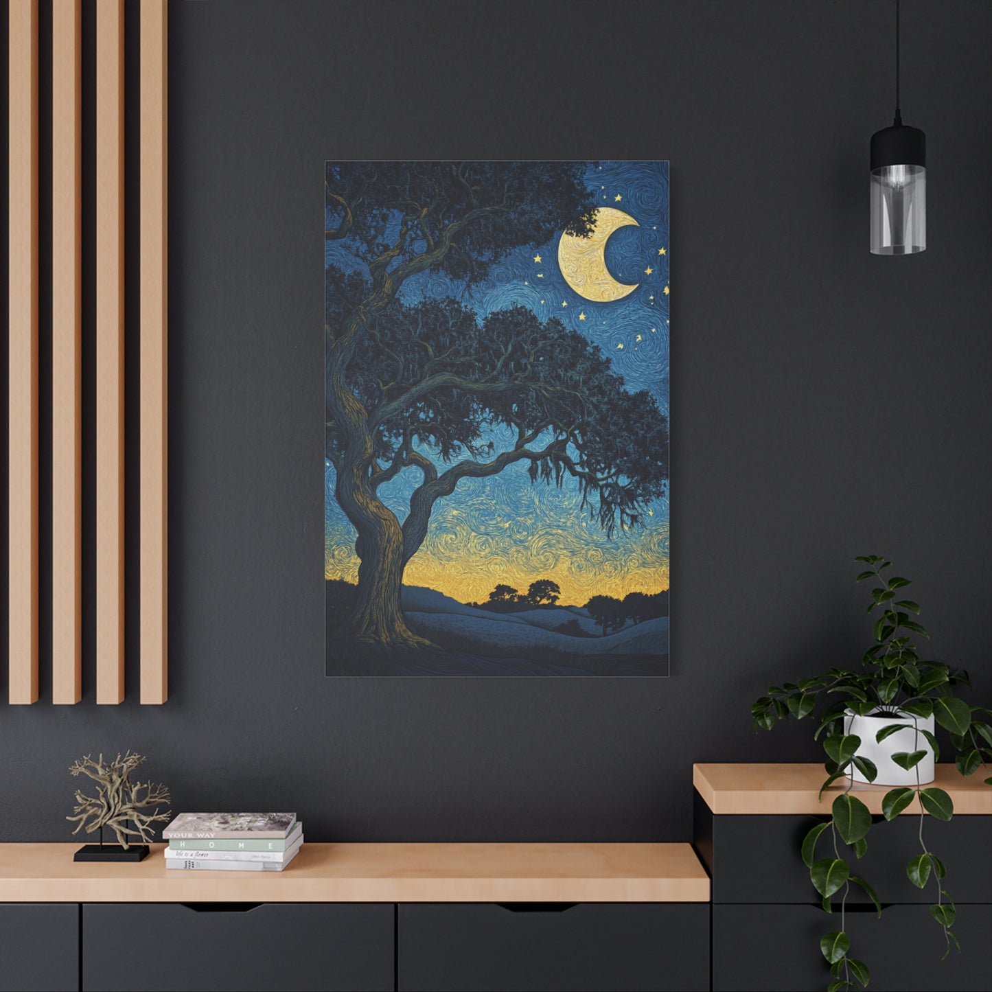 Savannah Stary Night Canvas Art Print - Moonlit Live OakTree Wall Decor
