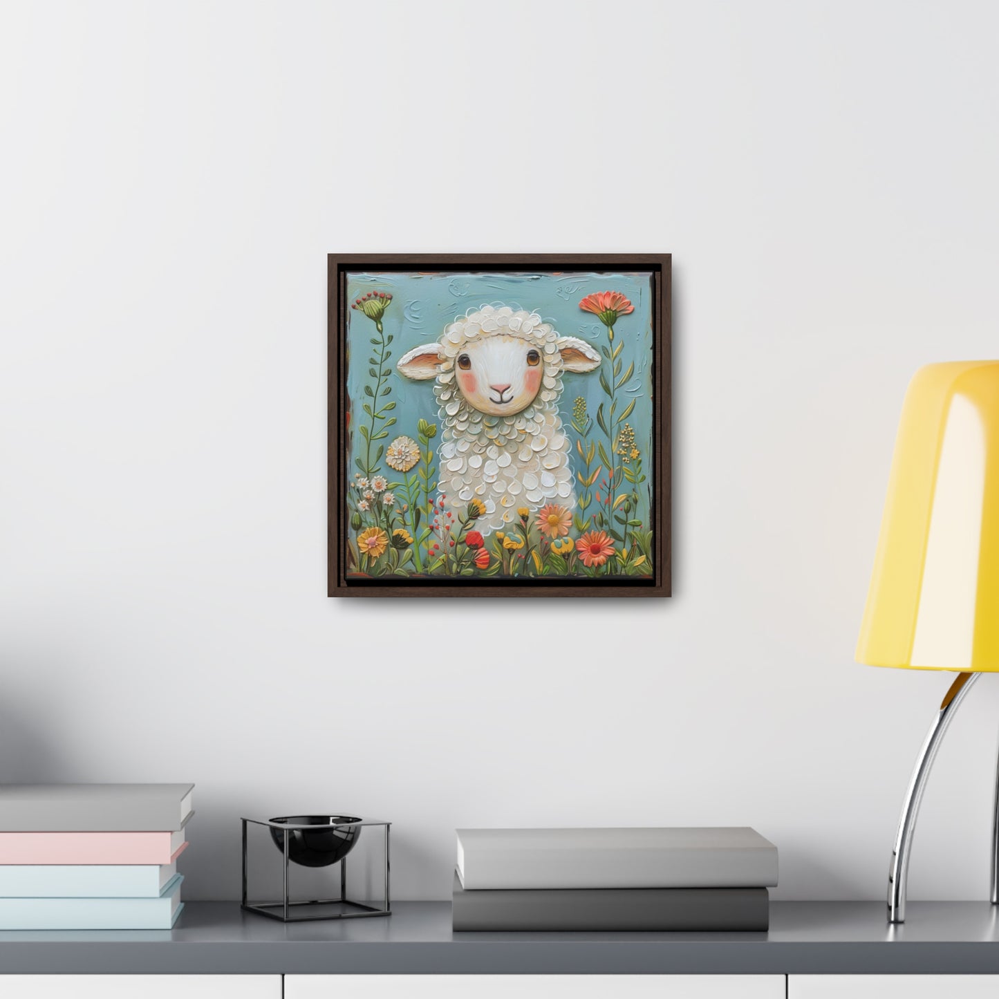 Folk Art Sweet Sheep - Gallery Canvas Wrap, Square Frame