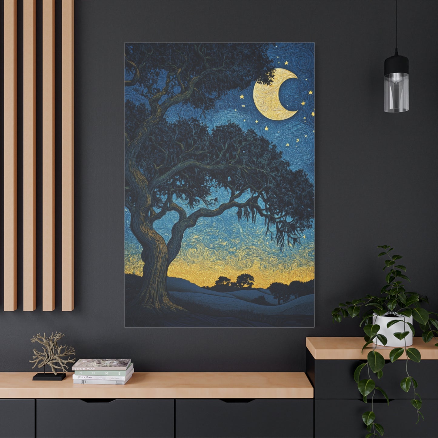 Savannah Stary Night Canvas Art Print - Moonlit Live OakTree Wall Decor