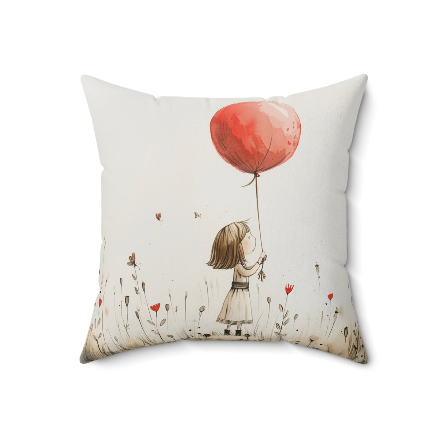 Japandi Girl and Red Balloon Faux Suede Square Pillow