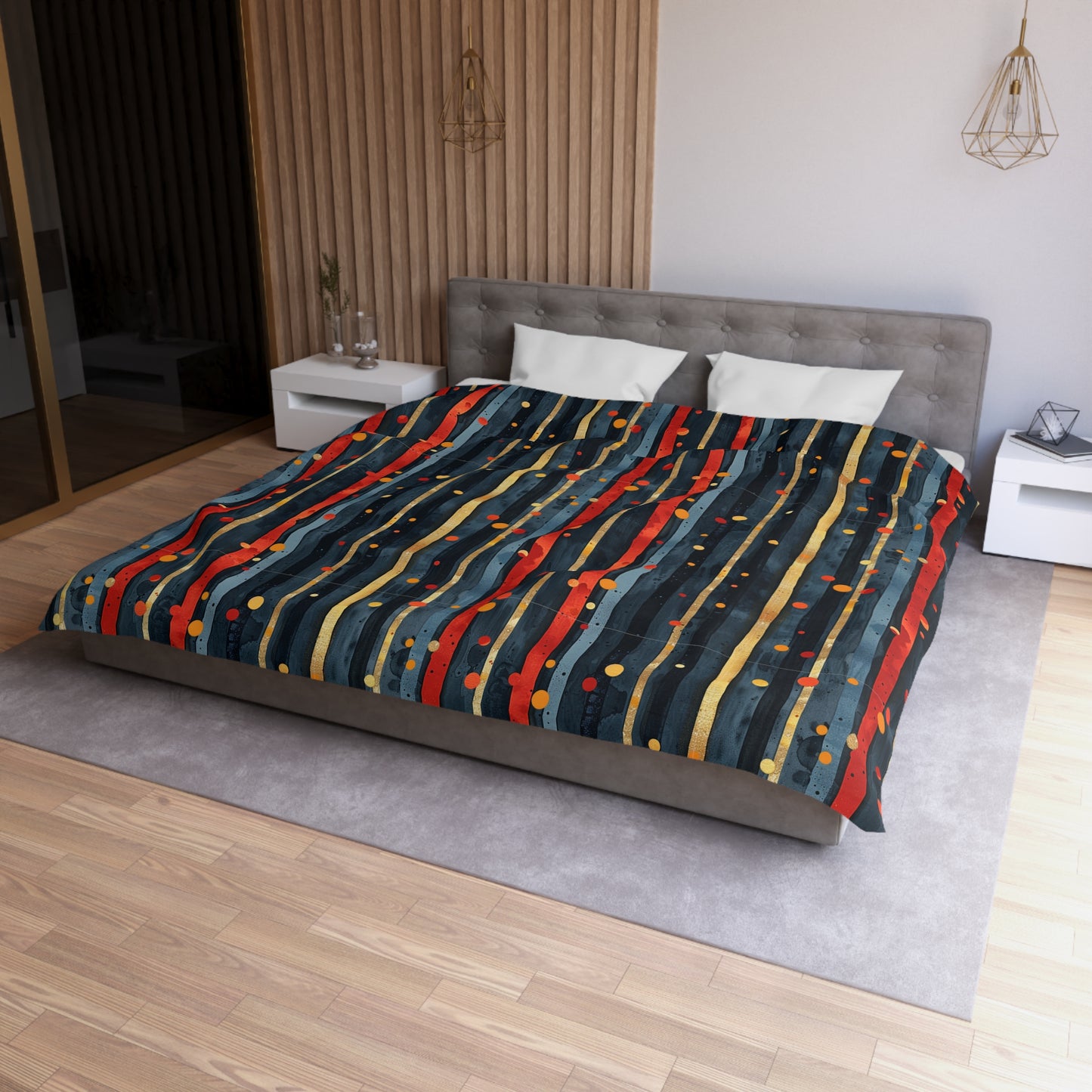 Dark Blue, Red, and Gold Stripes - Microfiber Duvet Cover