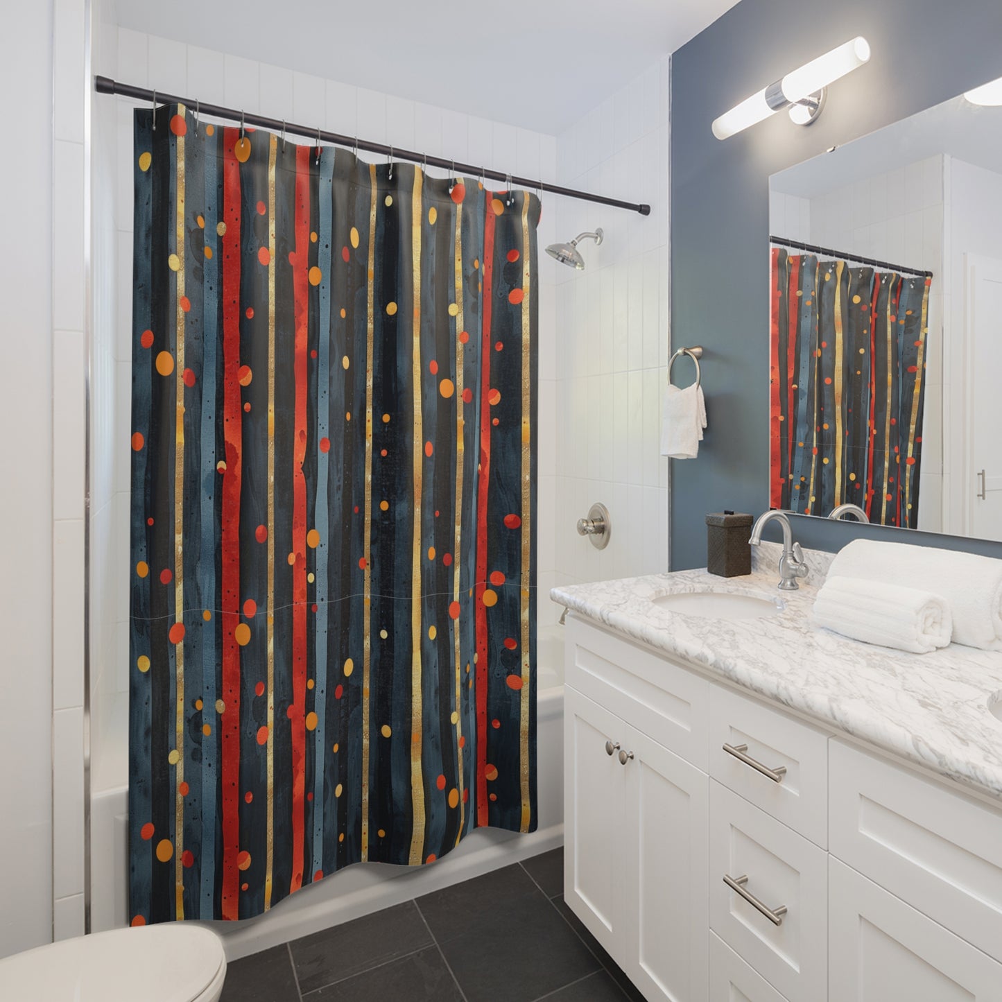 Dark Blue, Red and Gold Stripes Shower Curtain