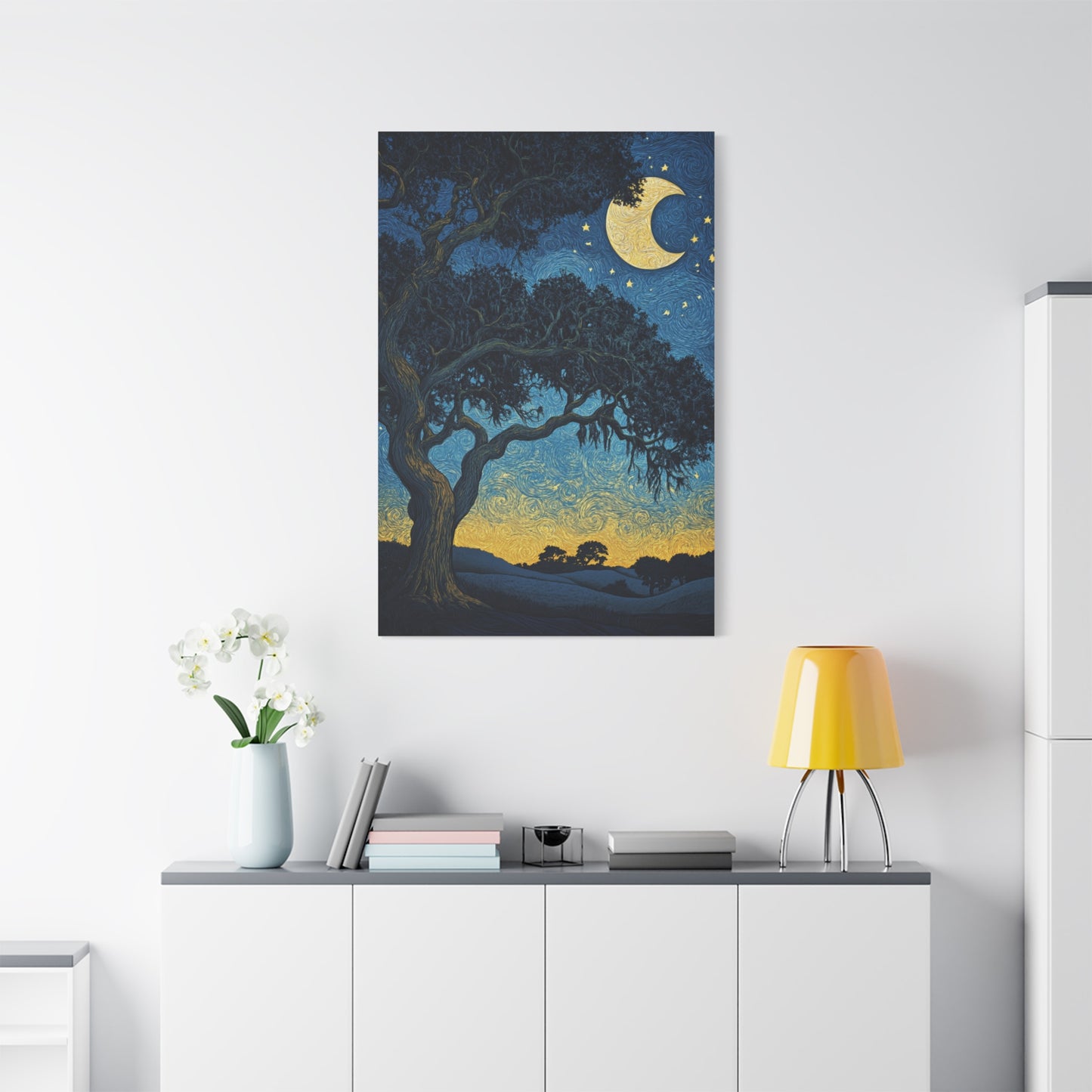 Savannah Stary Night Canvas Art Print - Moonlit Live OakTree Wall Decor