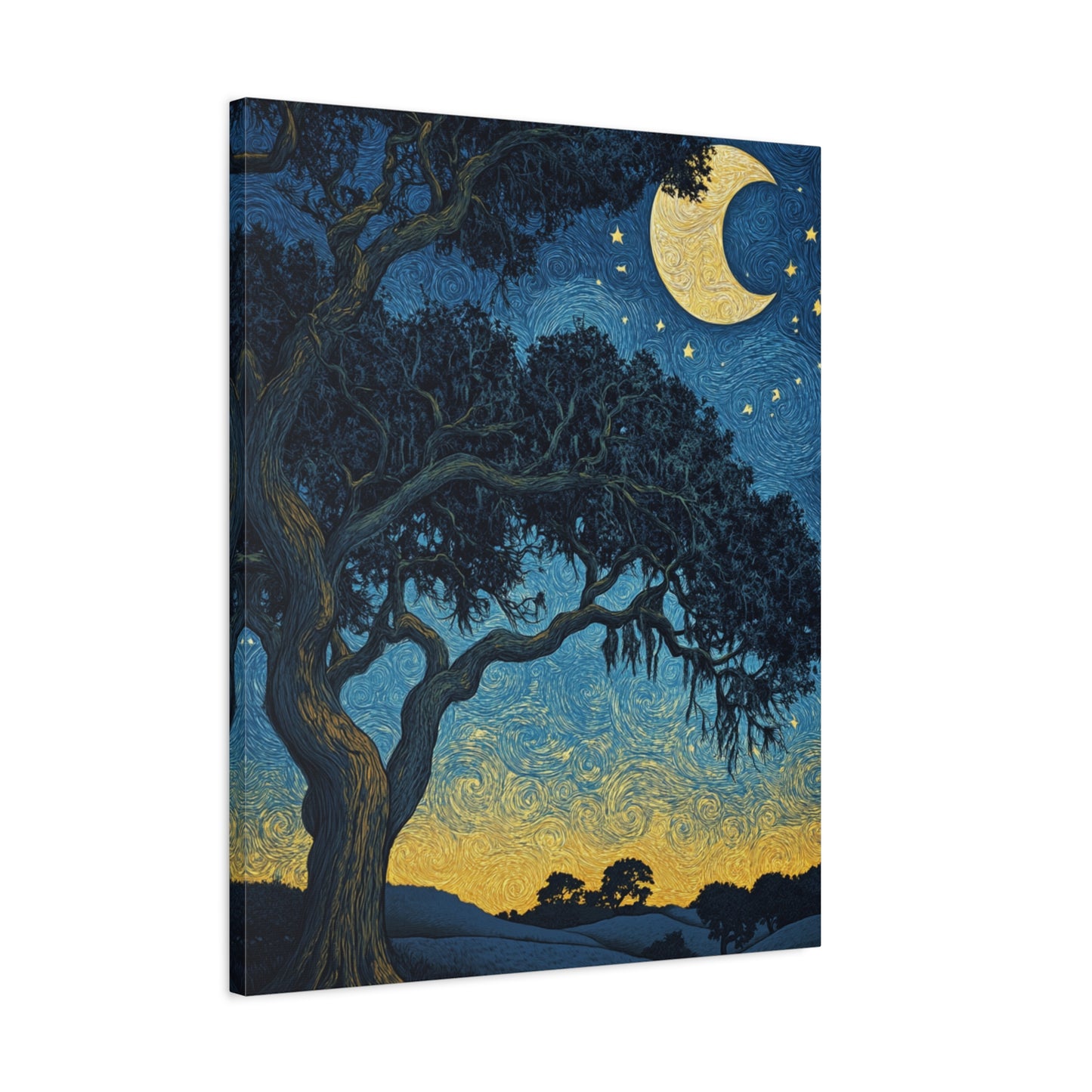 Savannah Stary Night Canvas Art Print - Moonlit Live OakTree Wall Decor