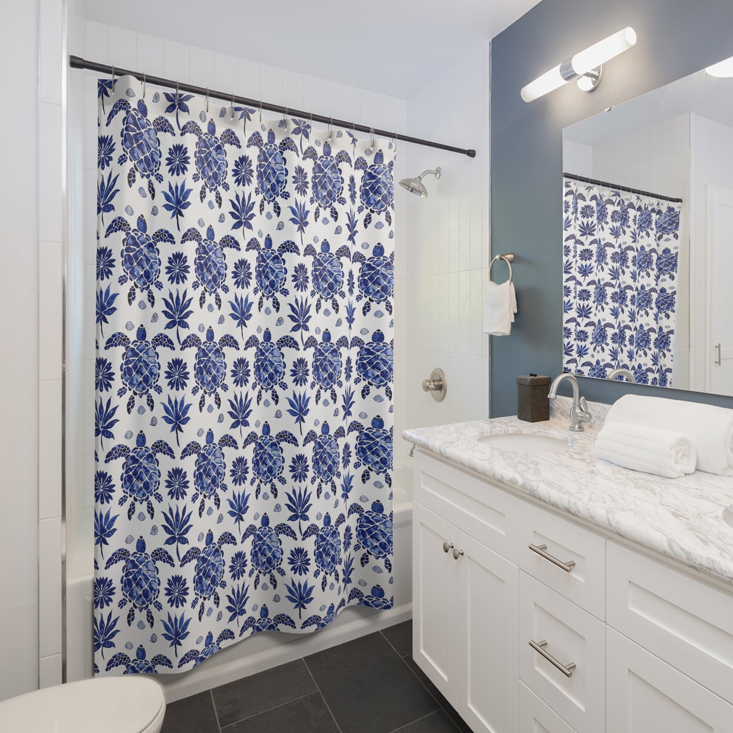Folk Art Blue Ocean Turtles Shower Curtain