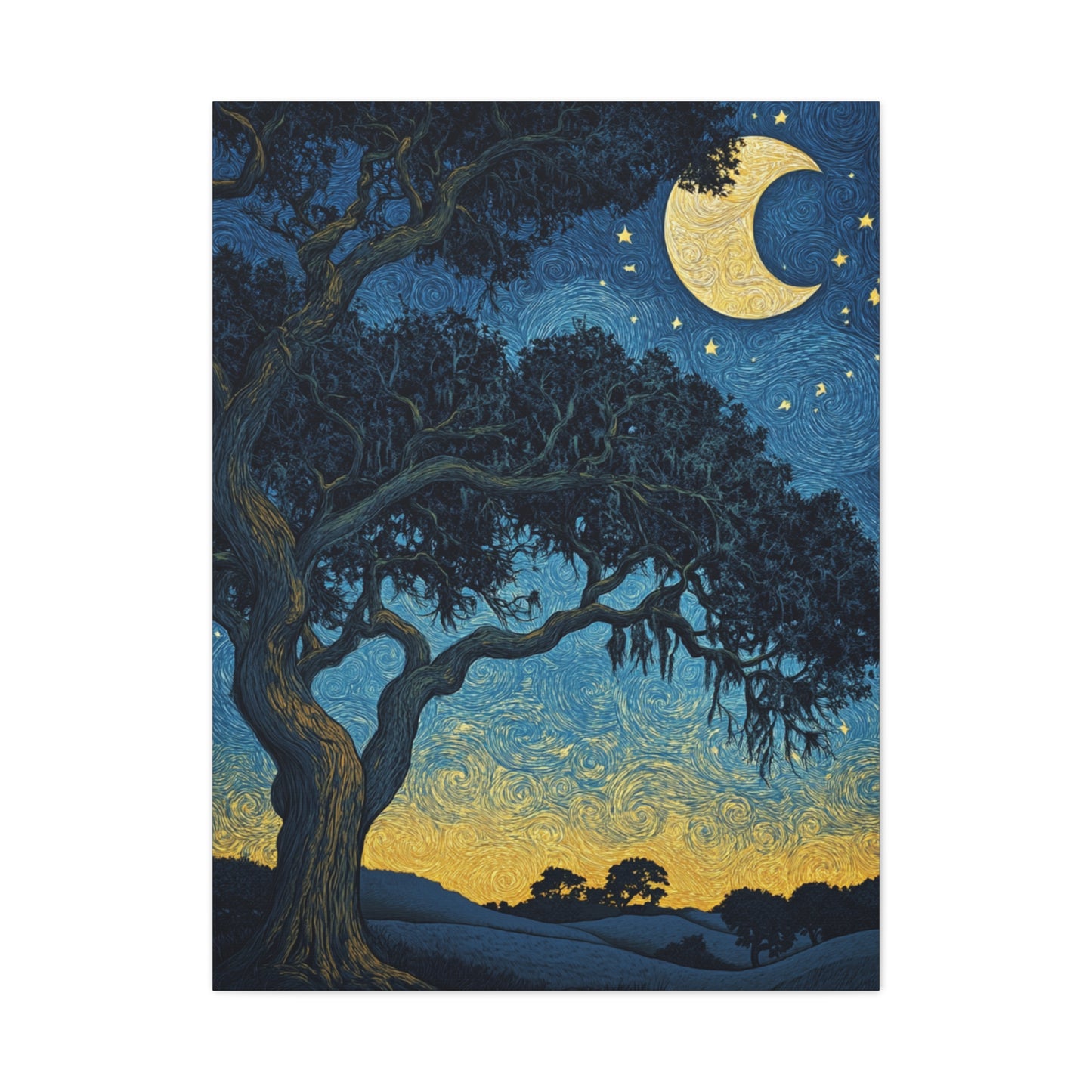 Savannah Stary Night Canvas Art Print - Moonlit Live OakTree Wall Decor