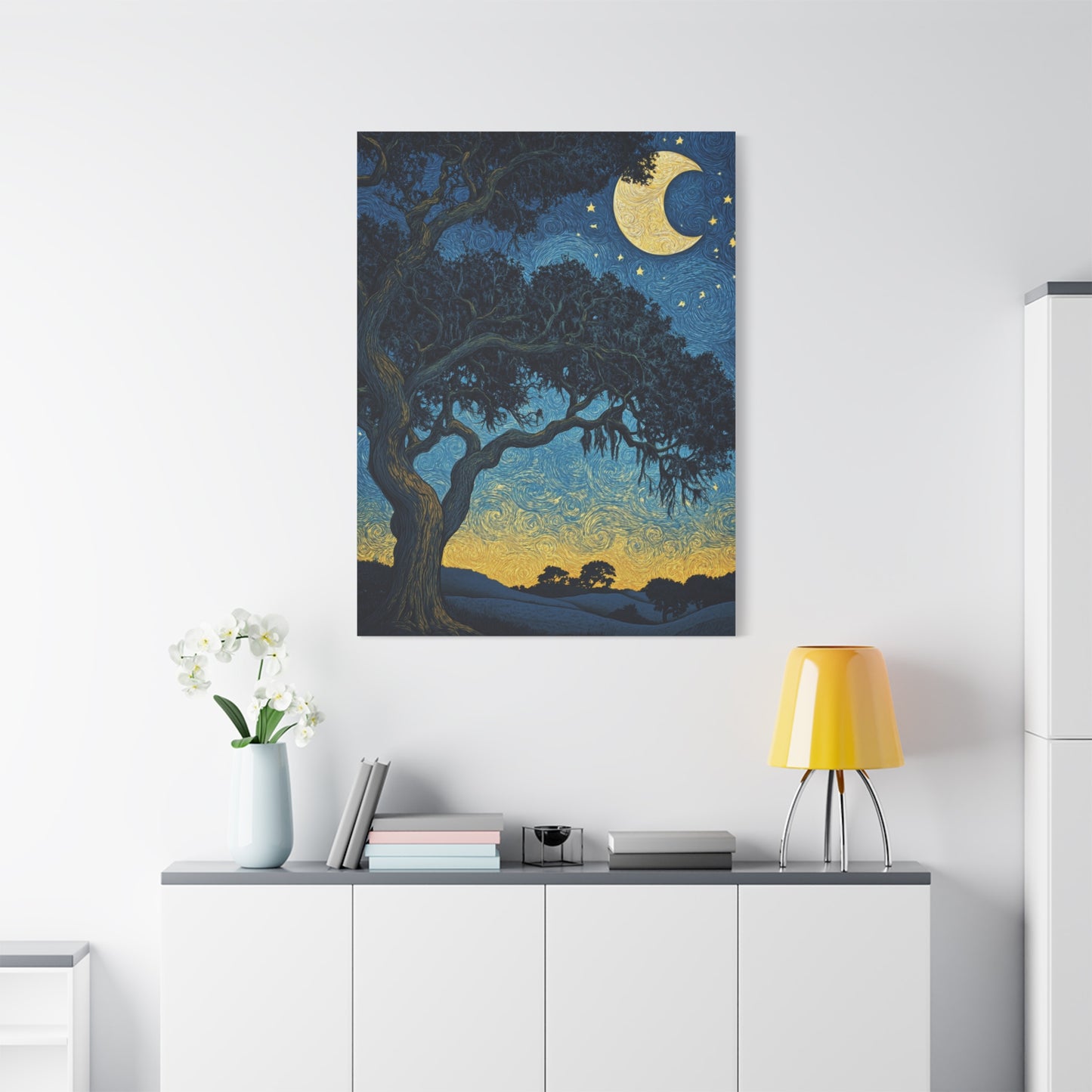 Savannah Stary Night Canvas Art Print - Moonlit Live OakTree Wall Decor