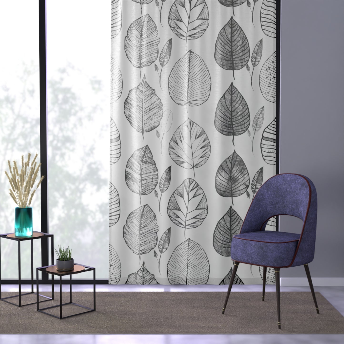 Black and White Leaves - Sheer Window Curtain