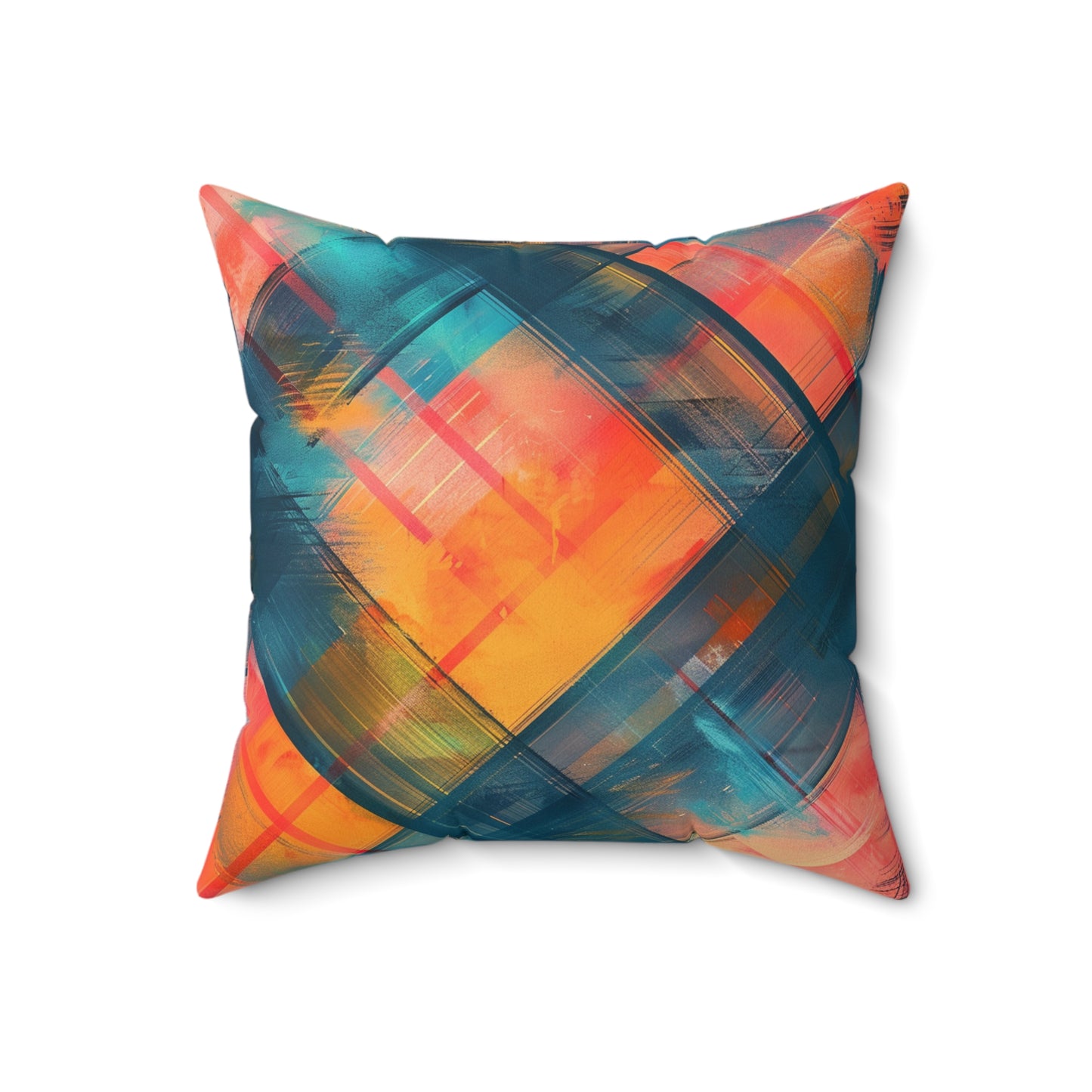 Turquoise and Orange Modern Plaid Faux Suede Square Pillow