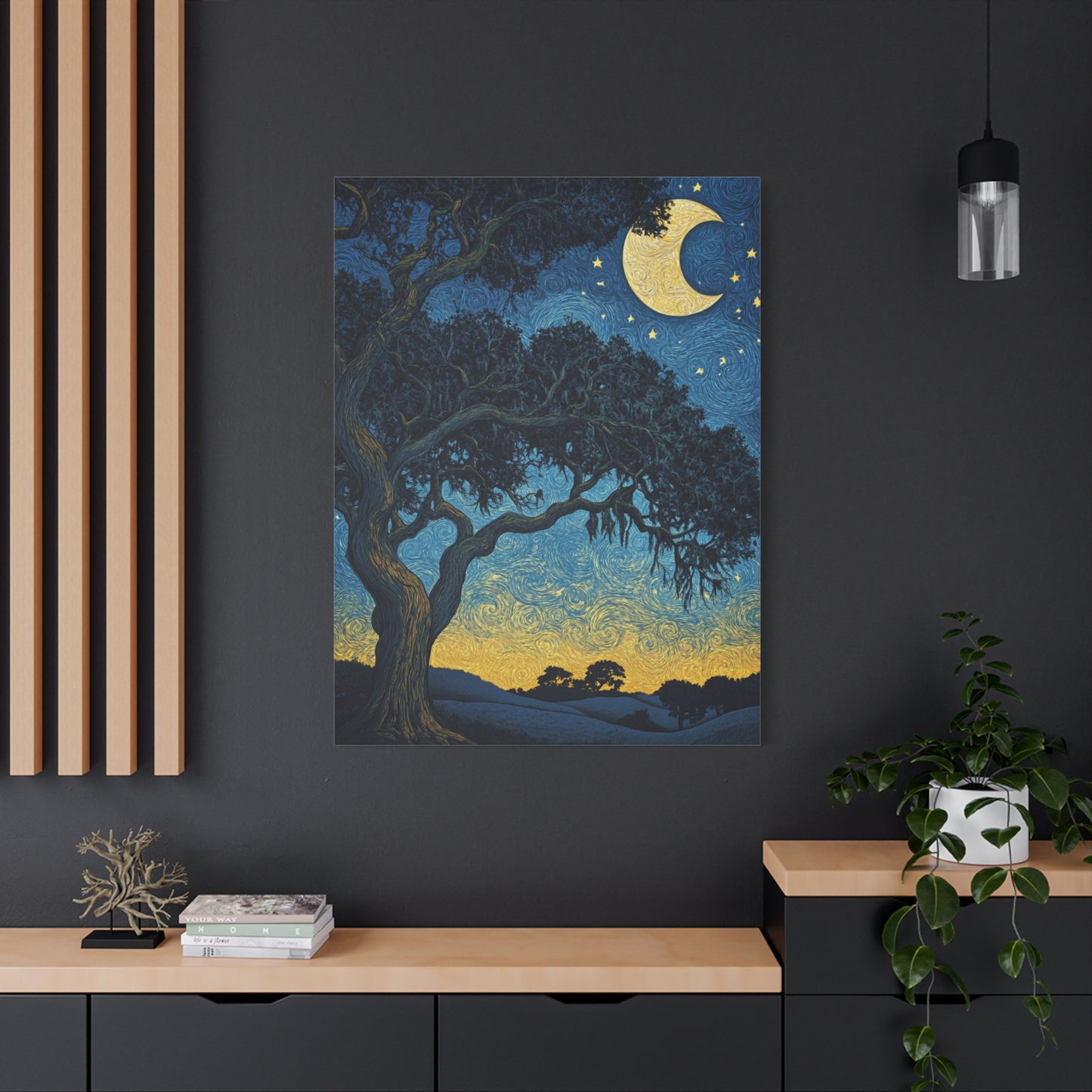 Savannah Stary Night Canvas Art Print - Moonlit Live OakTree Wall Decor