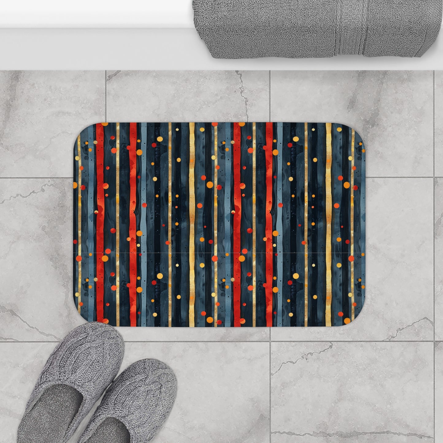 Dark Blue, Red, and Gold Stripes Bath Mat