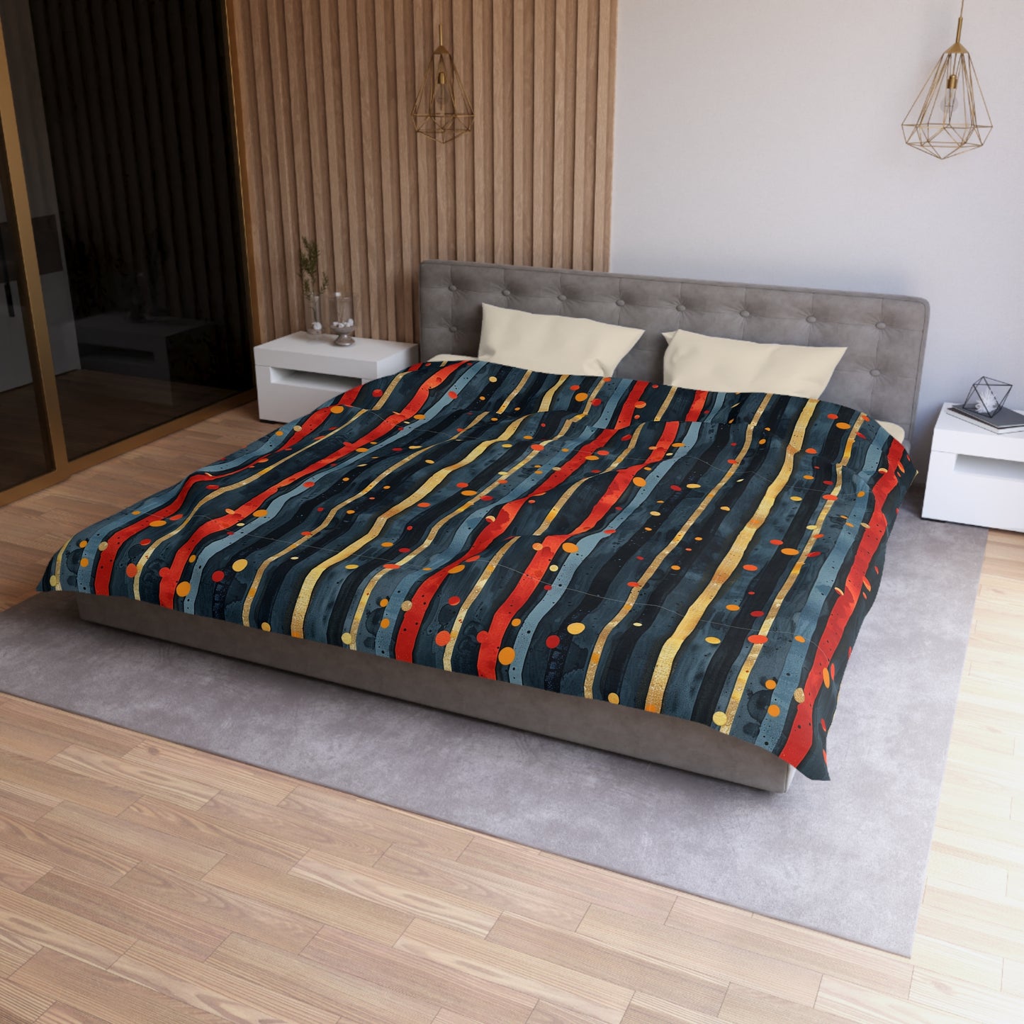 Dark Blue, Red, and Gold Stripes - Microfiber Duvet Cover