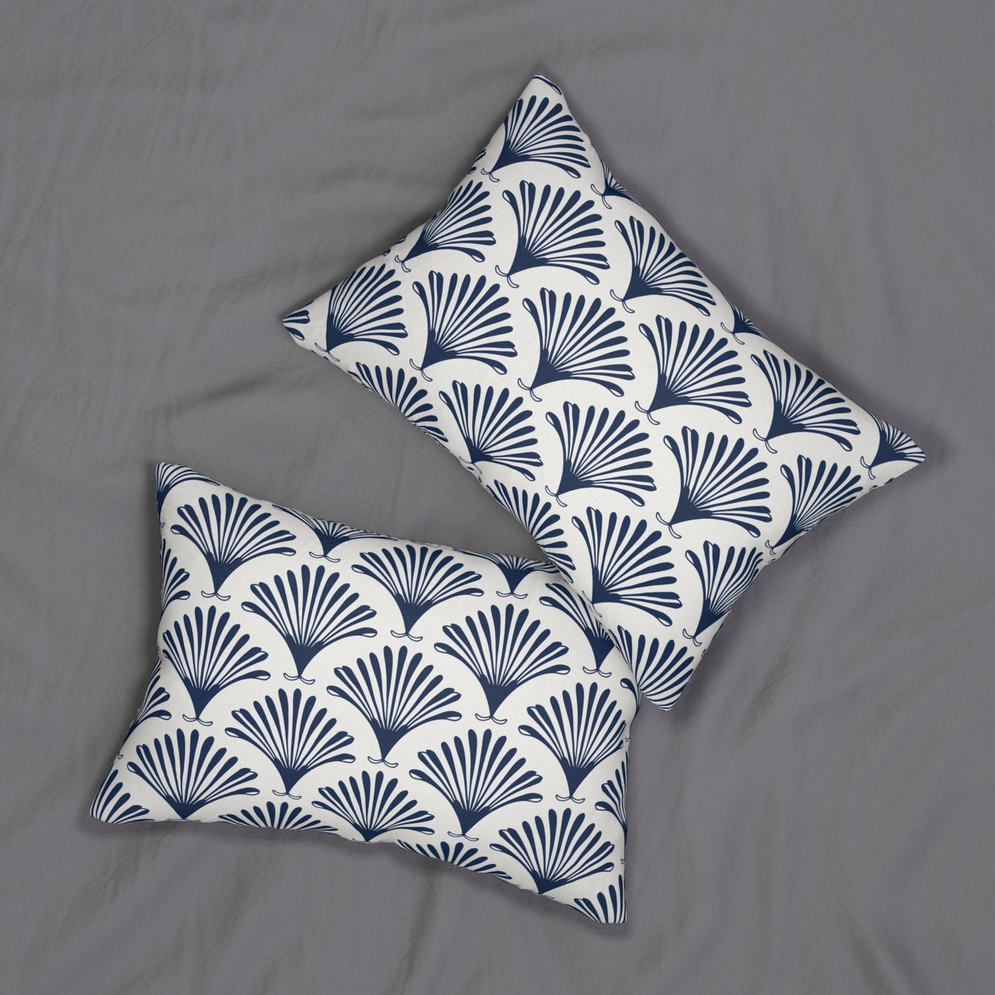Art Deco Leaf Fan Navy Blue and White Lumbar Pillow