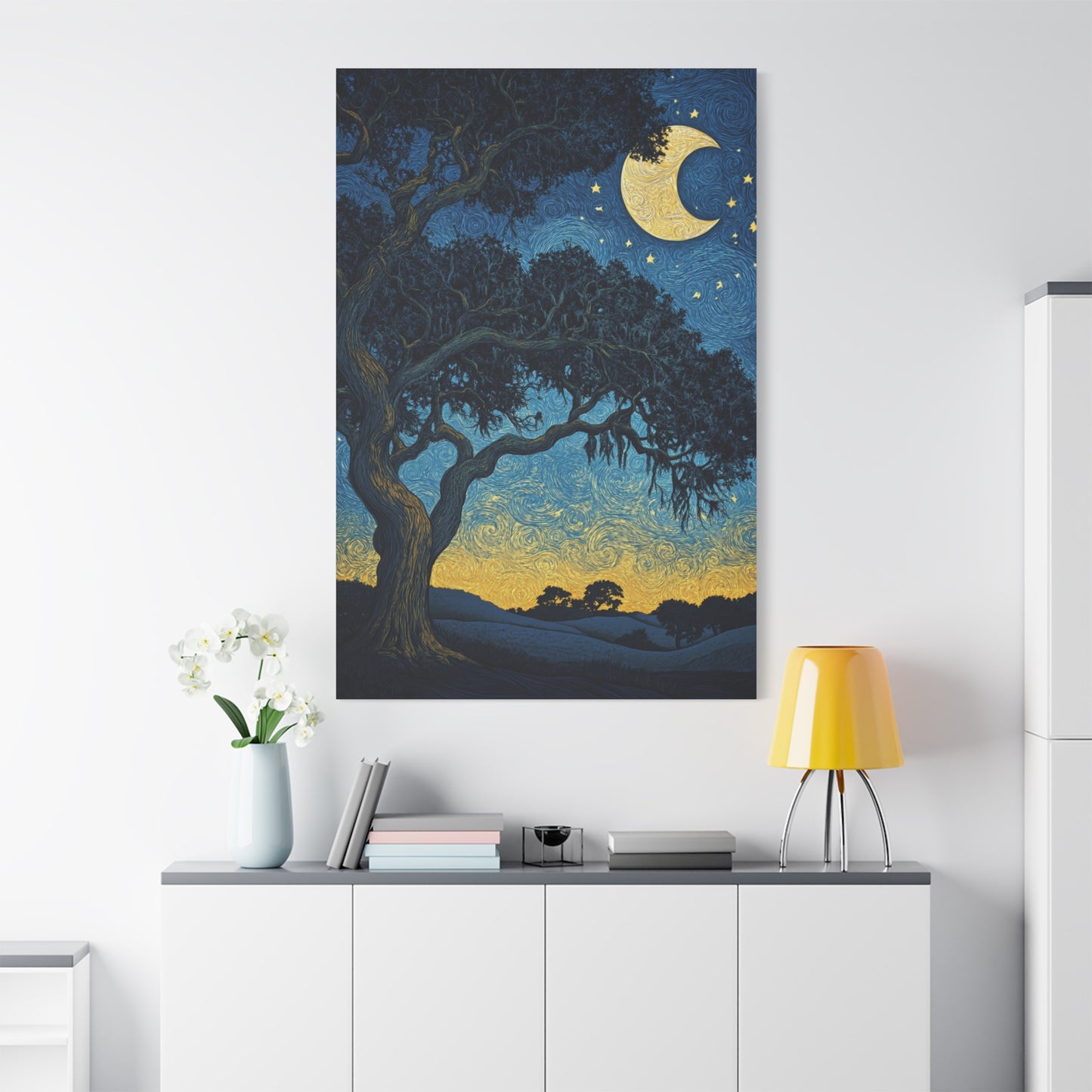 Savannah Stary Night Canvas Art Print - Moonlit Live OakTree Wall Decor
