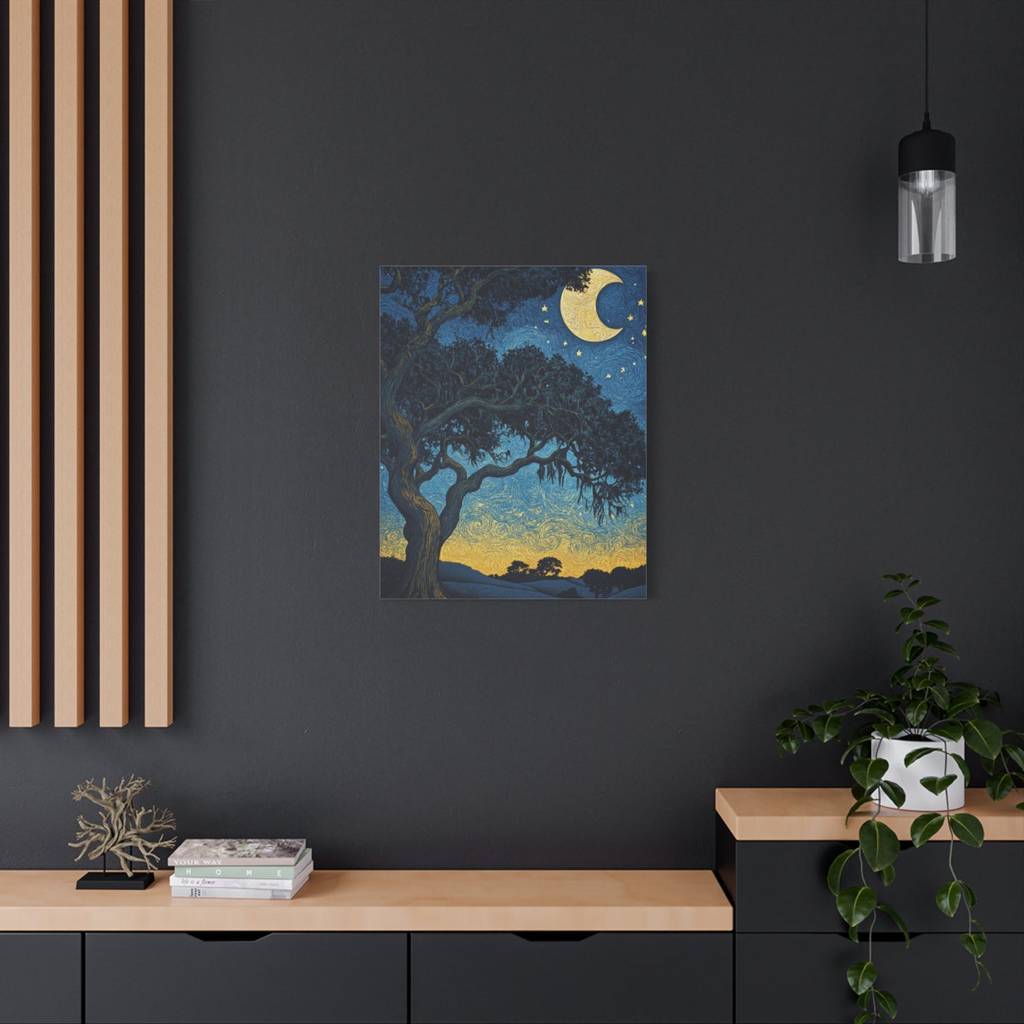 Savannah Stary Night Canvas Art Print - Moonlit Live OakTree Wall Decor