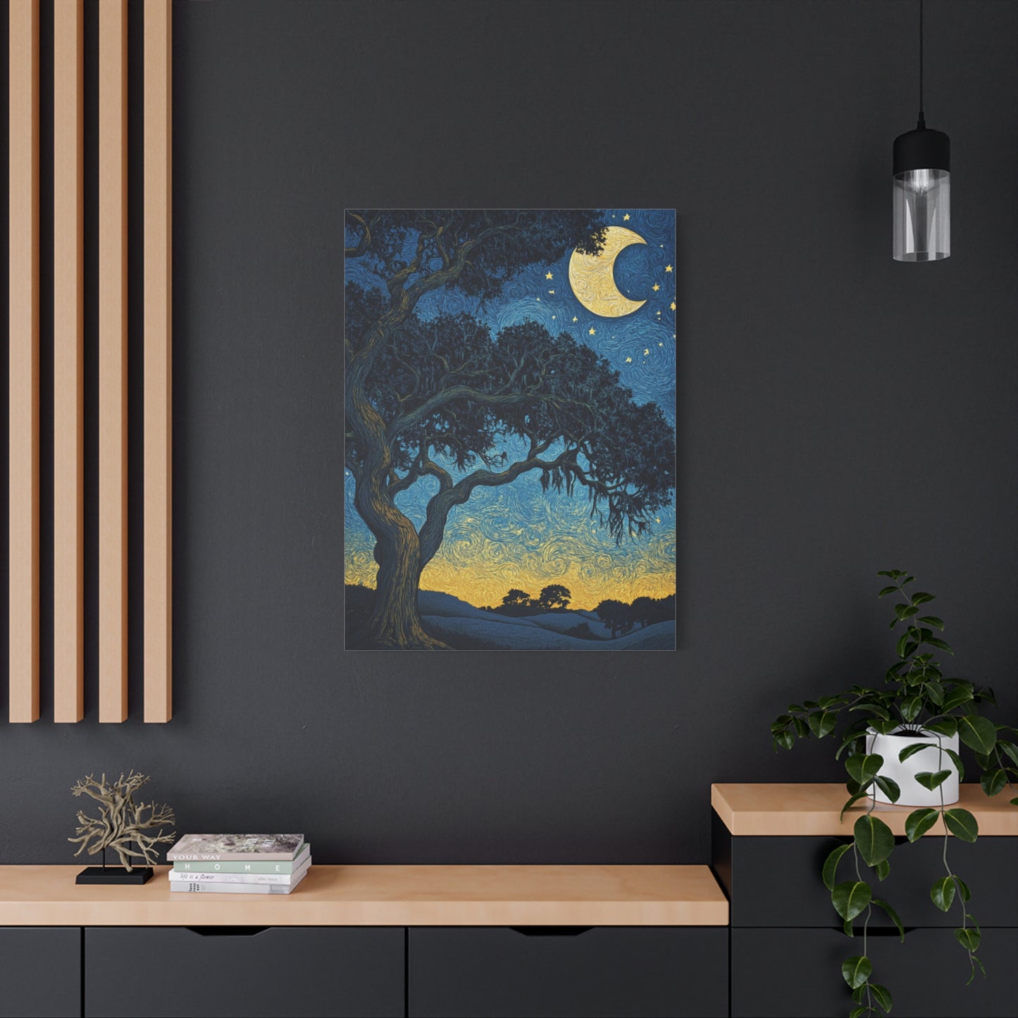 Savannah Stary Night Canvas Art Print - Moonlit Live OakTree Wall Decor