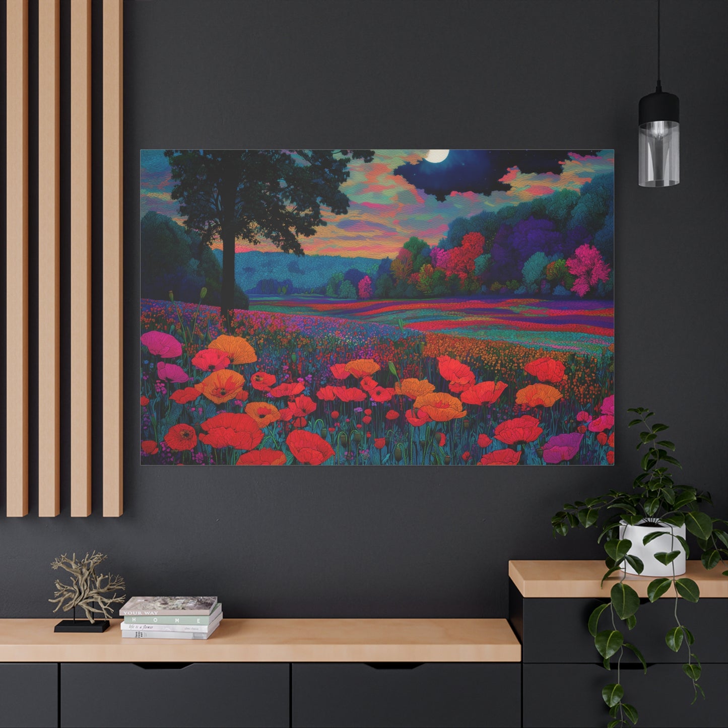Moonlit Red Poppy Field Matte Canvas Print — Vibrant Floral Landscape Wall Art