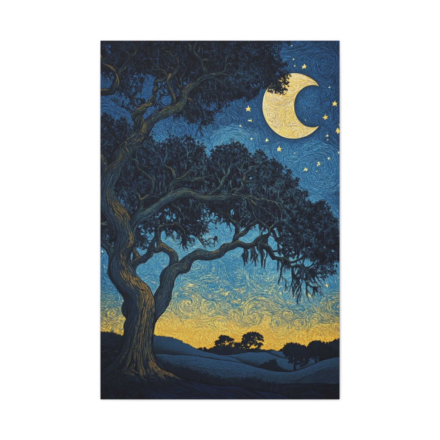 Savannah Stary Night Canvas Art Print - Moonlit Live OakTree Wall Decor