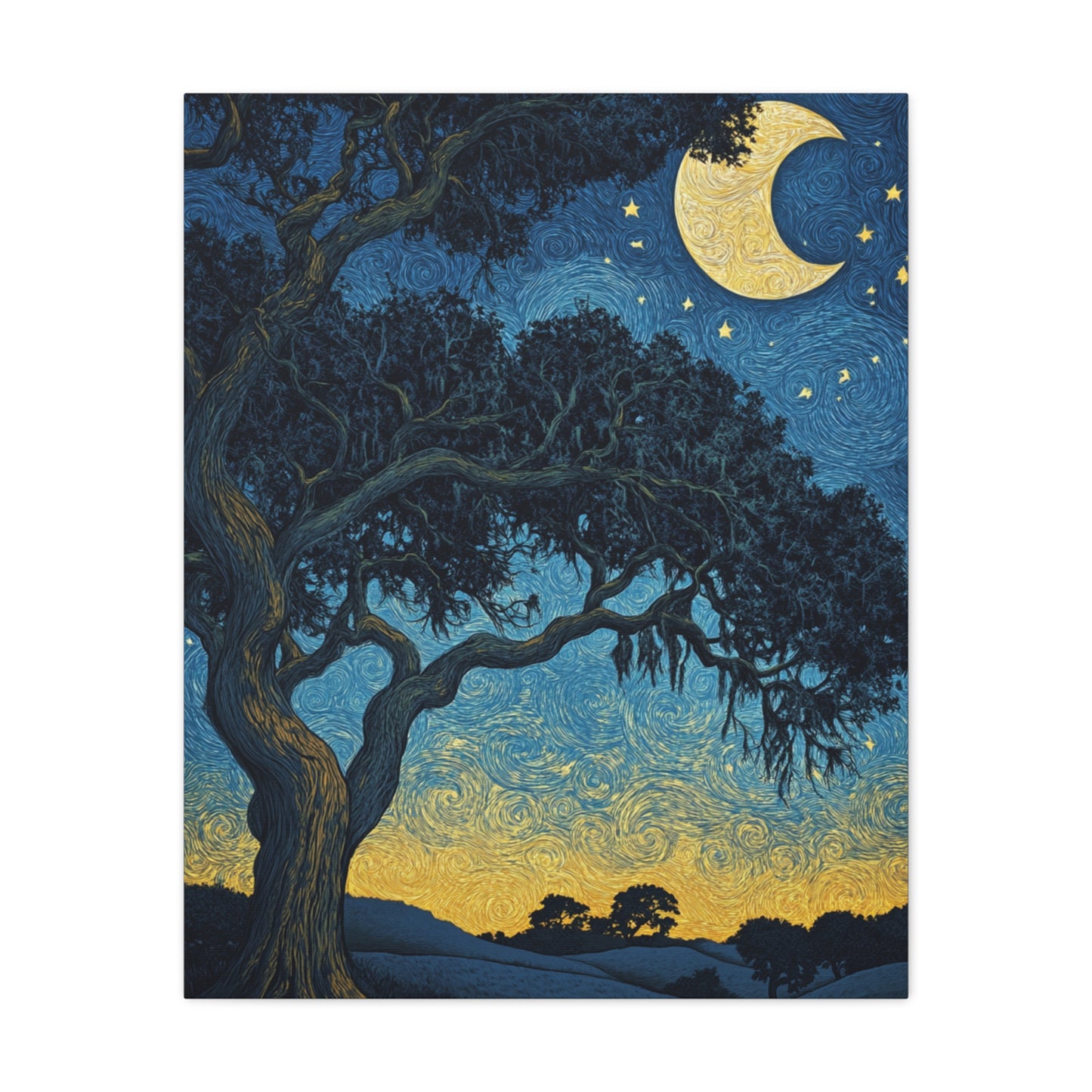 Savannah Stary Night Canvas Art Print - Moonlit Live OakTree Wall Decor