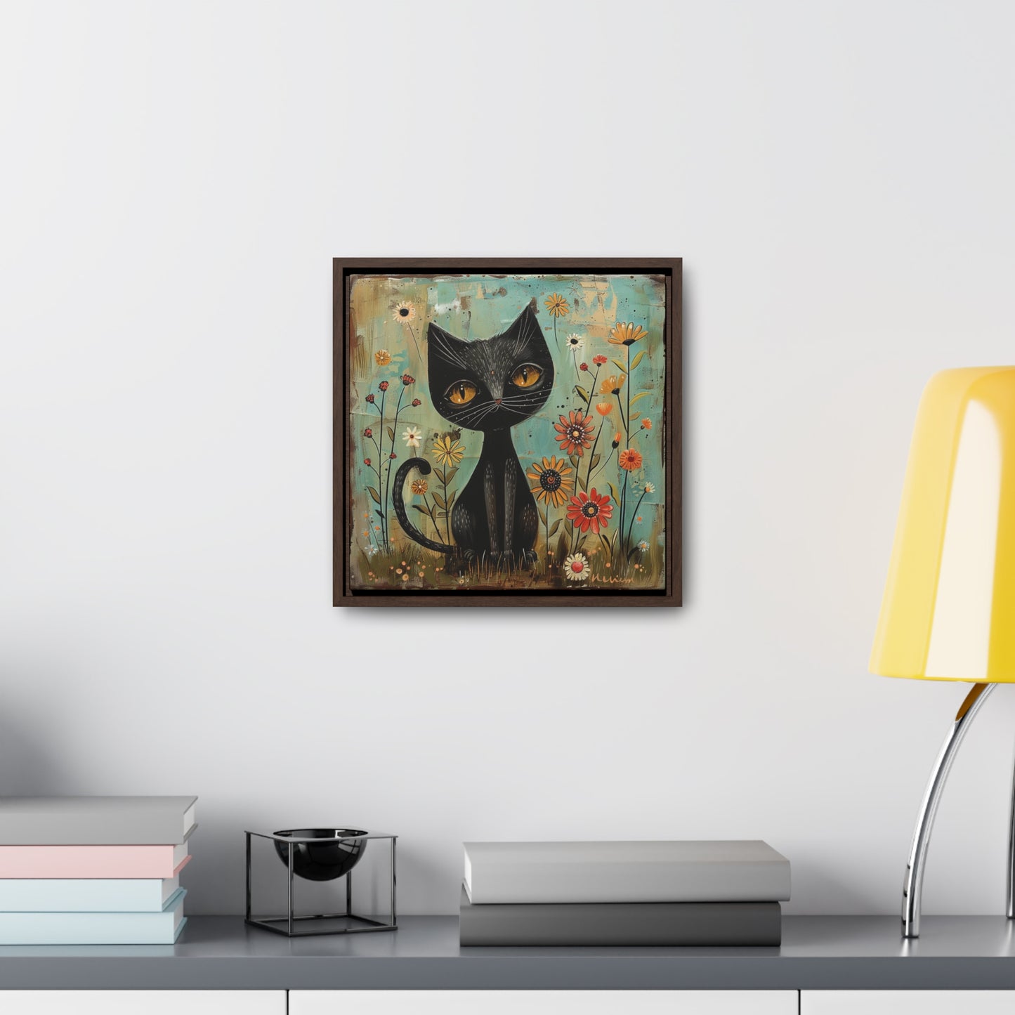 Folk Art Majestic Black Kitty Cat - Gallery Canvas Wraps, Square Frame
