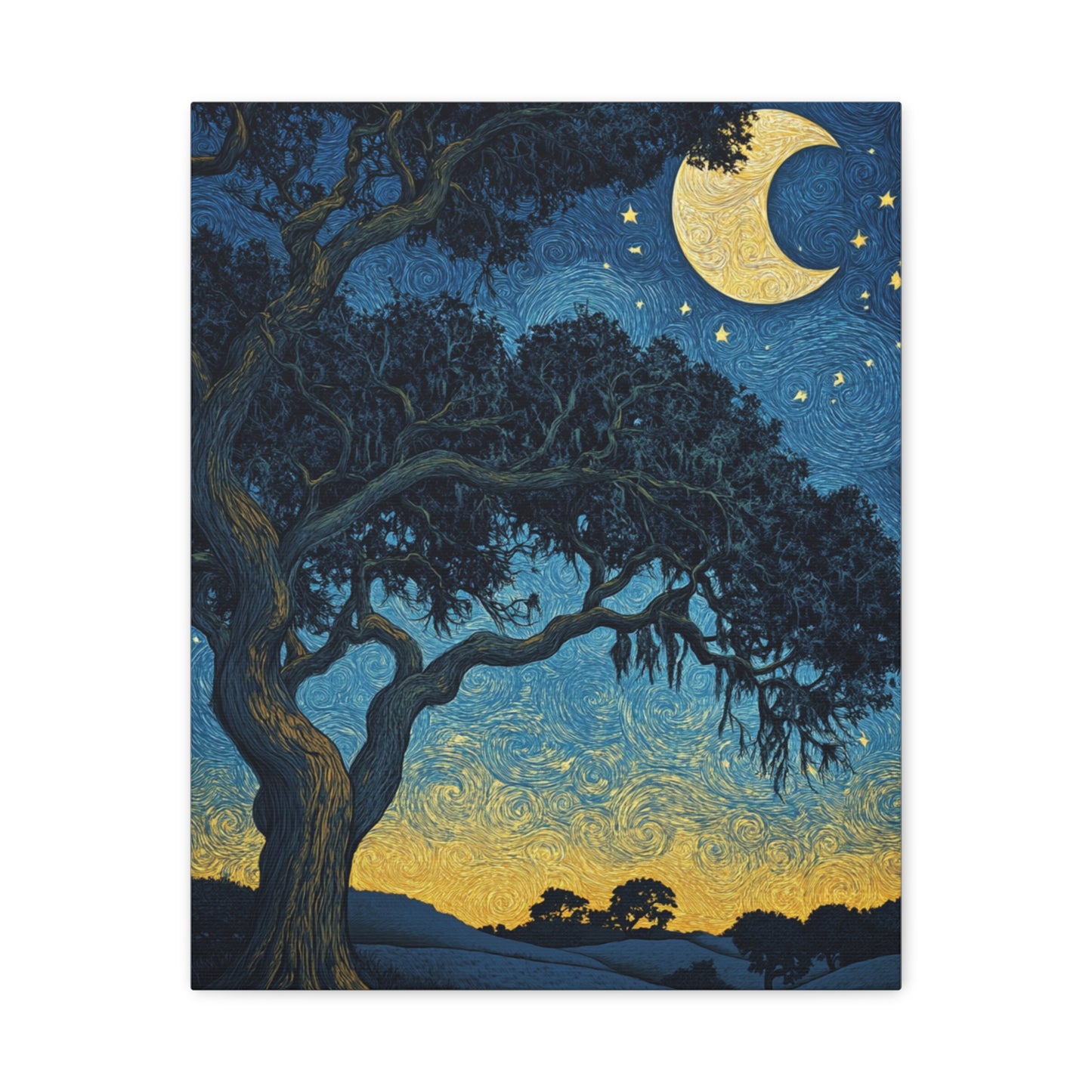 Savannah Stary Night Canvas Art Print - Moonlit Live OakTree Wall Decor