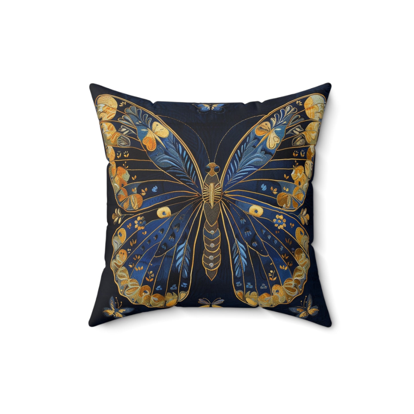 Elegant Dark Faux-Embroidered Blue and Gold Butterfly - Faux Suede Square Pillow