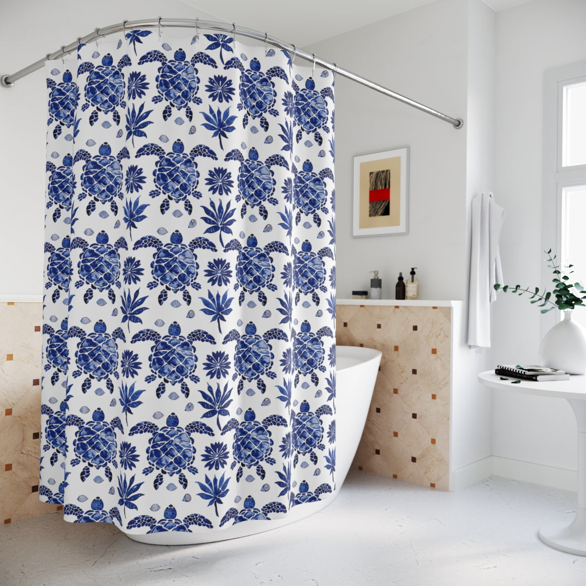 Folk Art Blue Ocean Turtles Shower Curtain