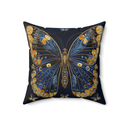 Elegant Dark Faux-Embroidered Blue and Gold Butterfly - Faux Suede Square Pillow