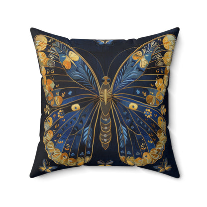 Elegant Dark Faux-Embroidered Blue and Gold Butterfly - Faux Suede Square Pillow