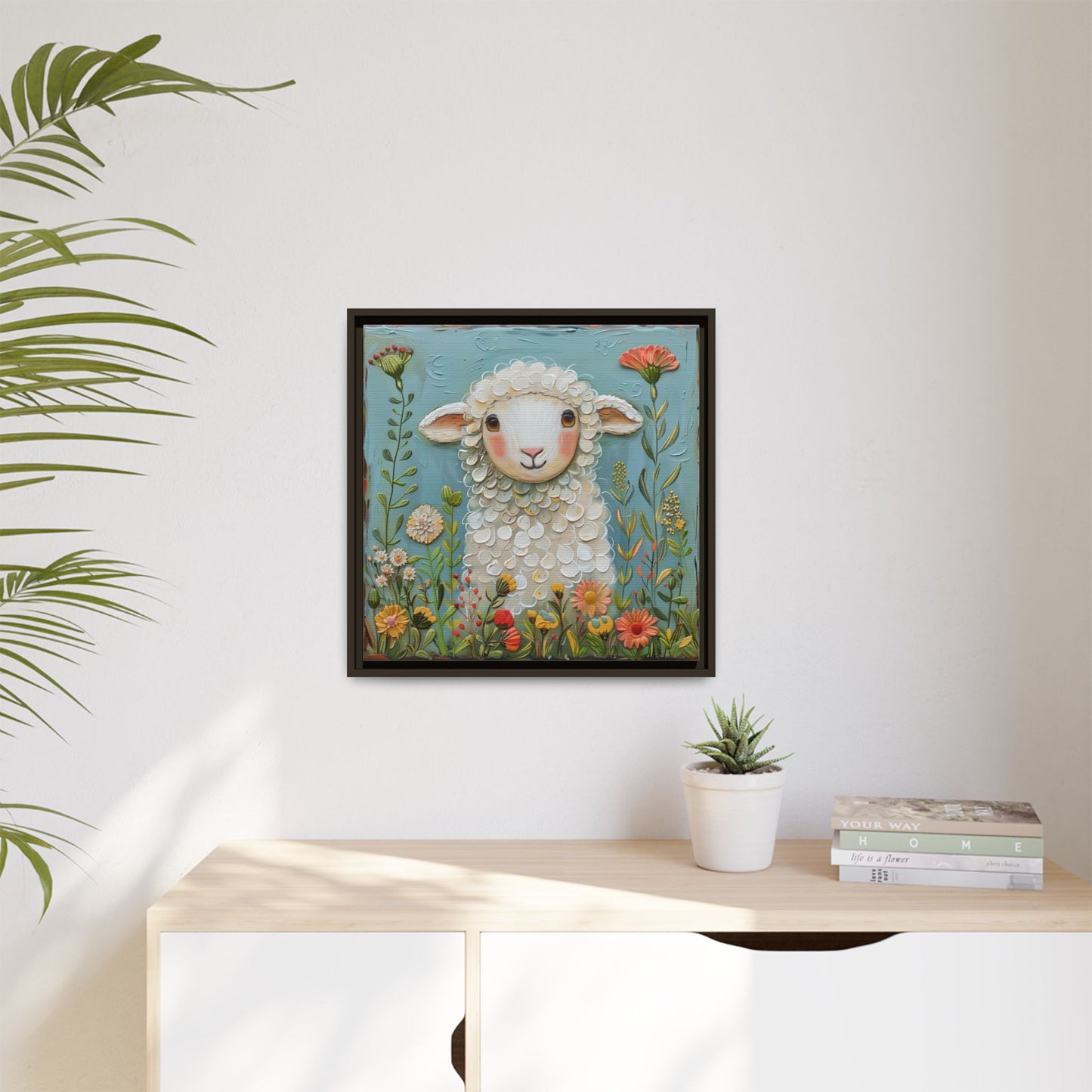 Framed Canvas Print — Whimsical Lamb -  Nursery Wall Art