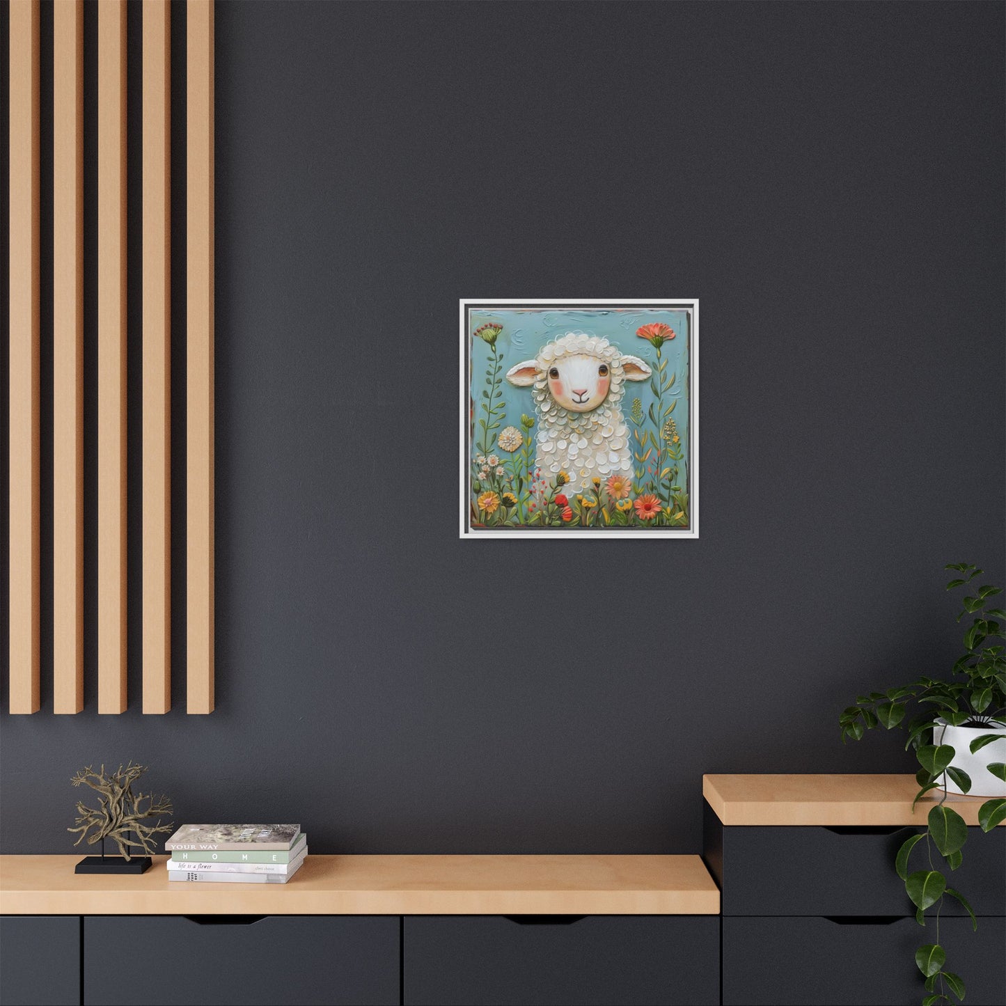 Framed Canvas Print — Whimsical Lamb -  Nursery Wall Art