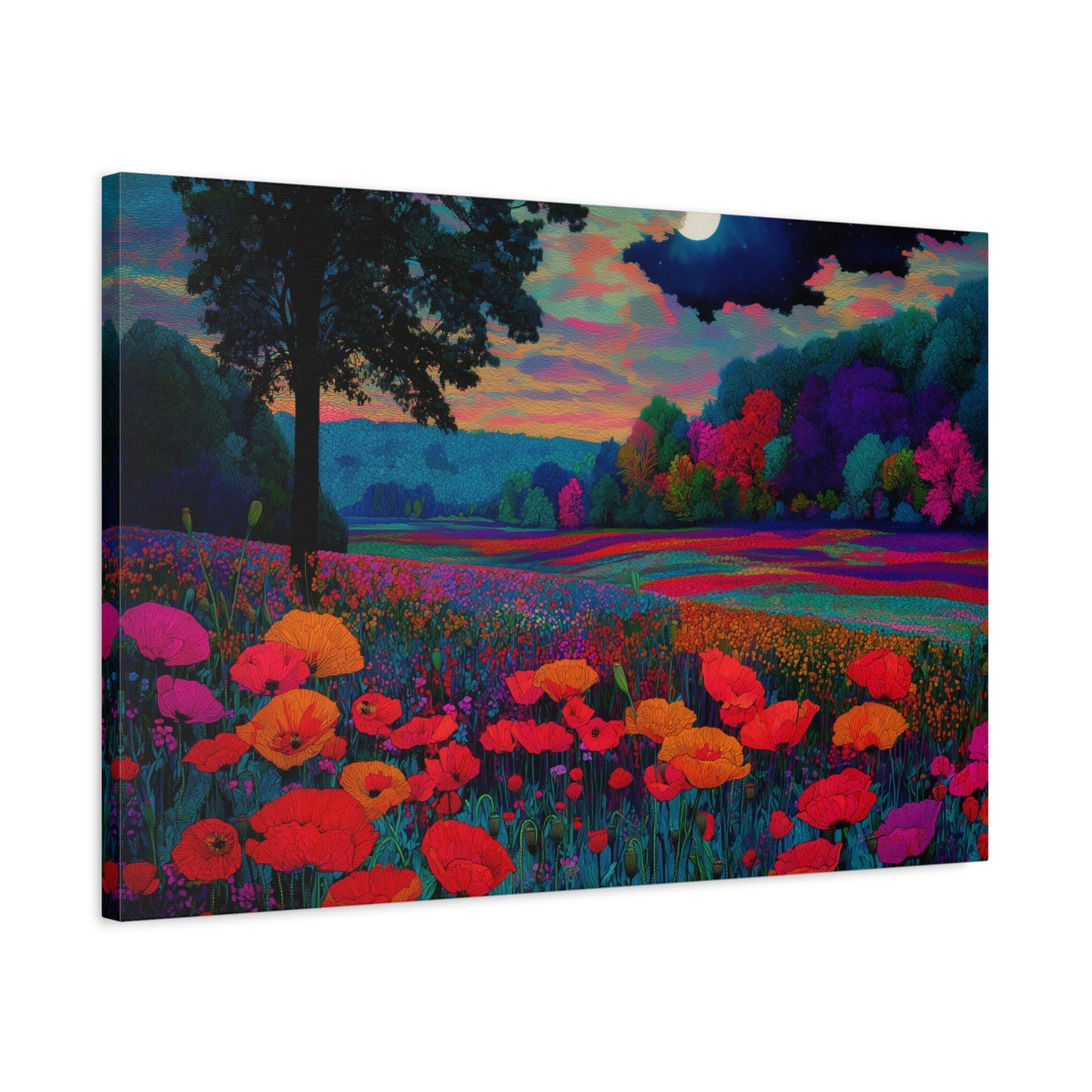 Moonlit Red Poppy Field Matte Canvas Print — Vibrant Floral Landscape Wall Art