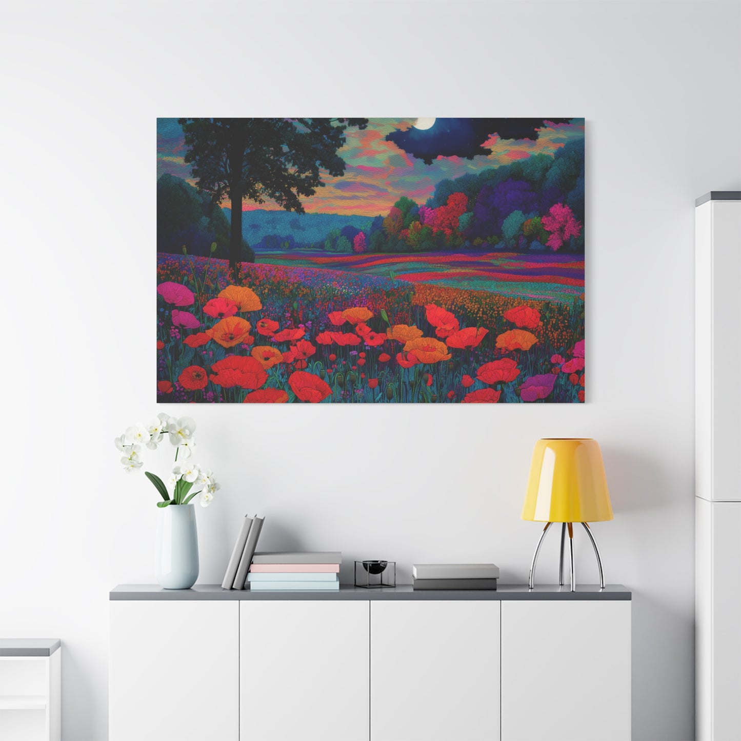 Moonlit Red Poppy Field Matte Canvas Print — Vibrant Floral Landscape Wall Art