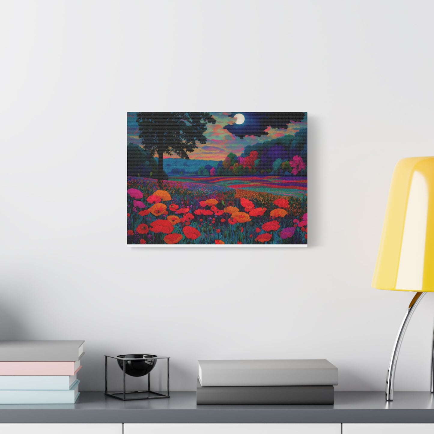 Moonlit Red Poppy Field Matte Canvas Print — Vibrant Floral Landscape Wall Art