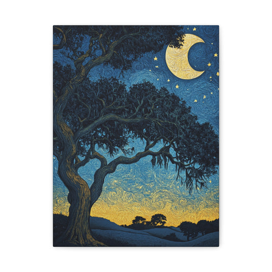 Savannah Stary Night Canvas Art Print - Moonlit Live OakTree Wall Decor
