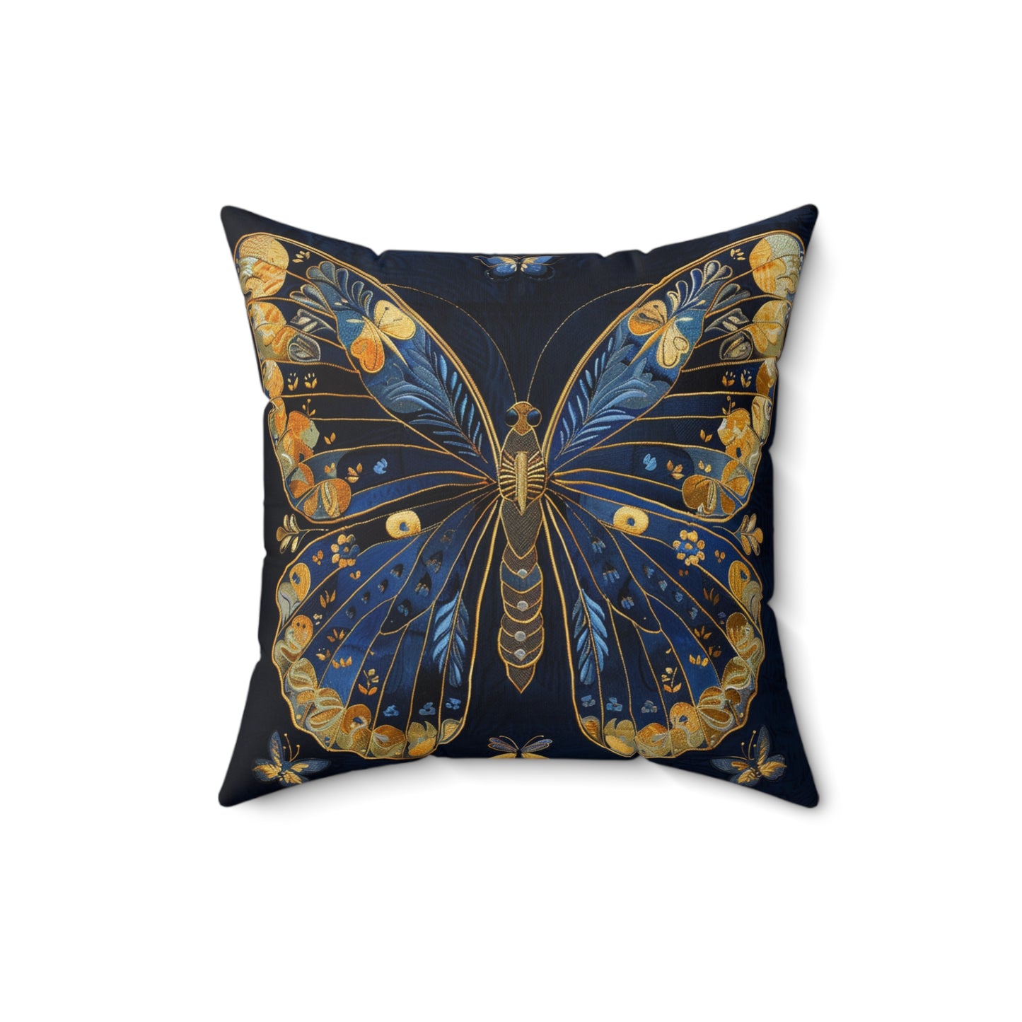 Elegant Dark Faux-Embroidered Blue and Gold Butterfly - Faux Suede Square Pillow