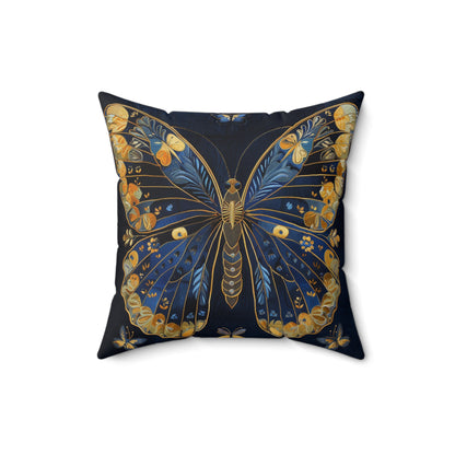 Elegant Dark Faux-Embroidered Blue and Gold Butterfly - Faux Suede Square Pillow