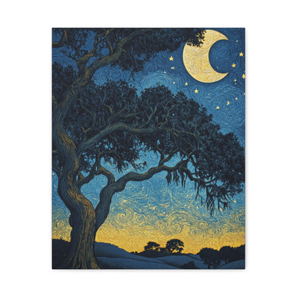 Savannah Stary Night Canvas Art Print - Moonlit Live OakTree Wall Decor