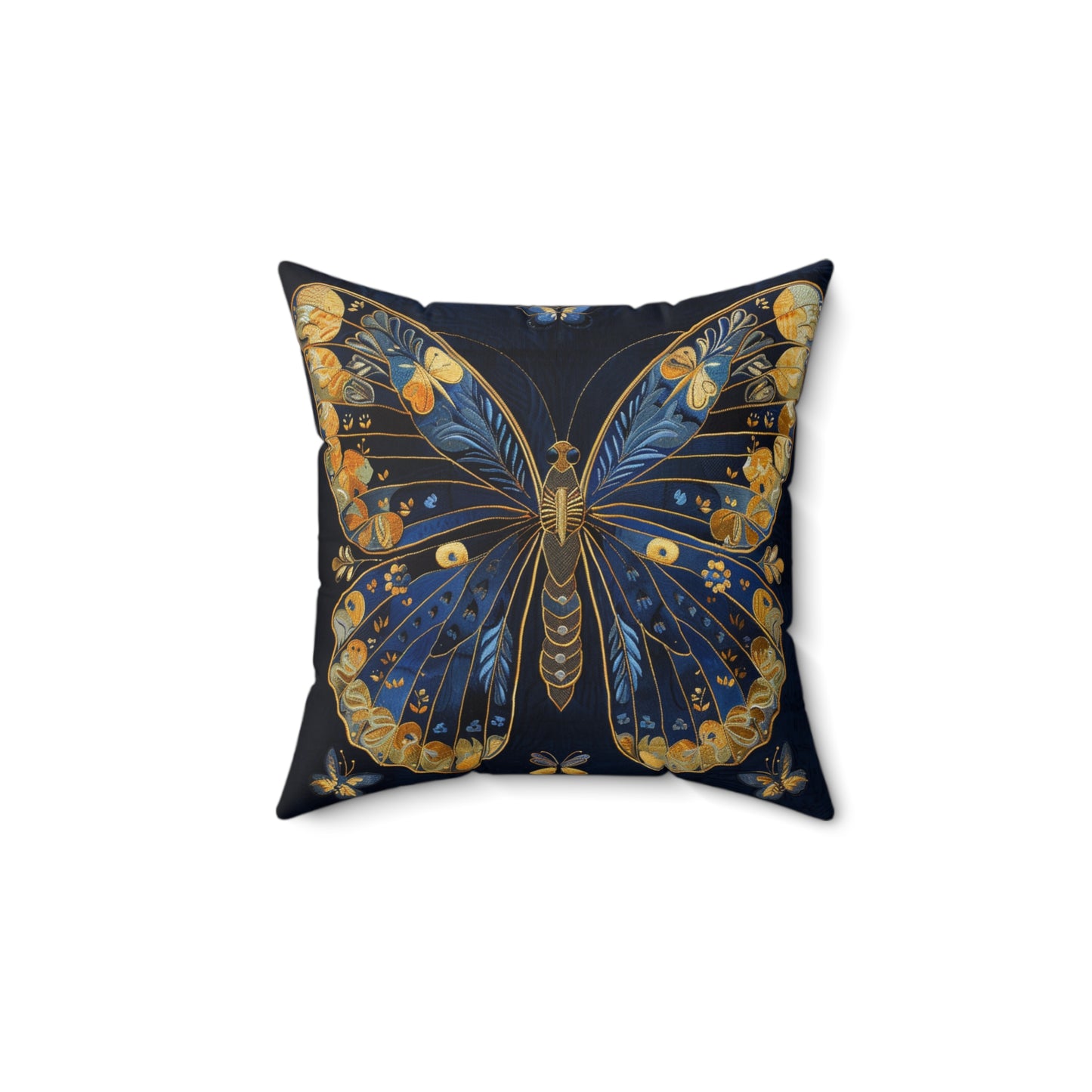 Elegant Dark Faux-Embroidered Blue and Gold Butterfly - Faux Suede Square Pillow