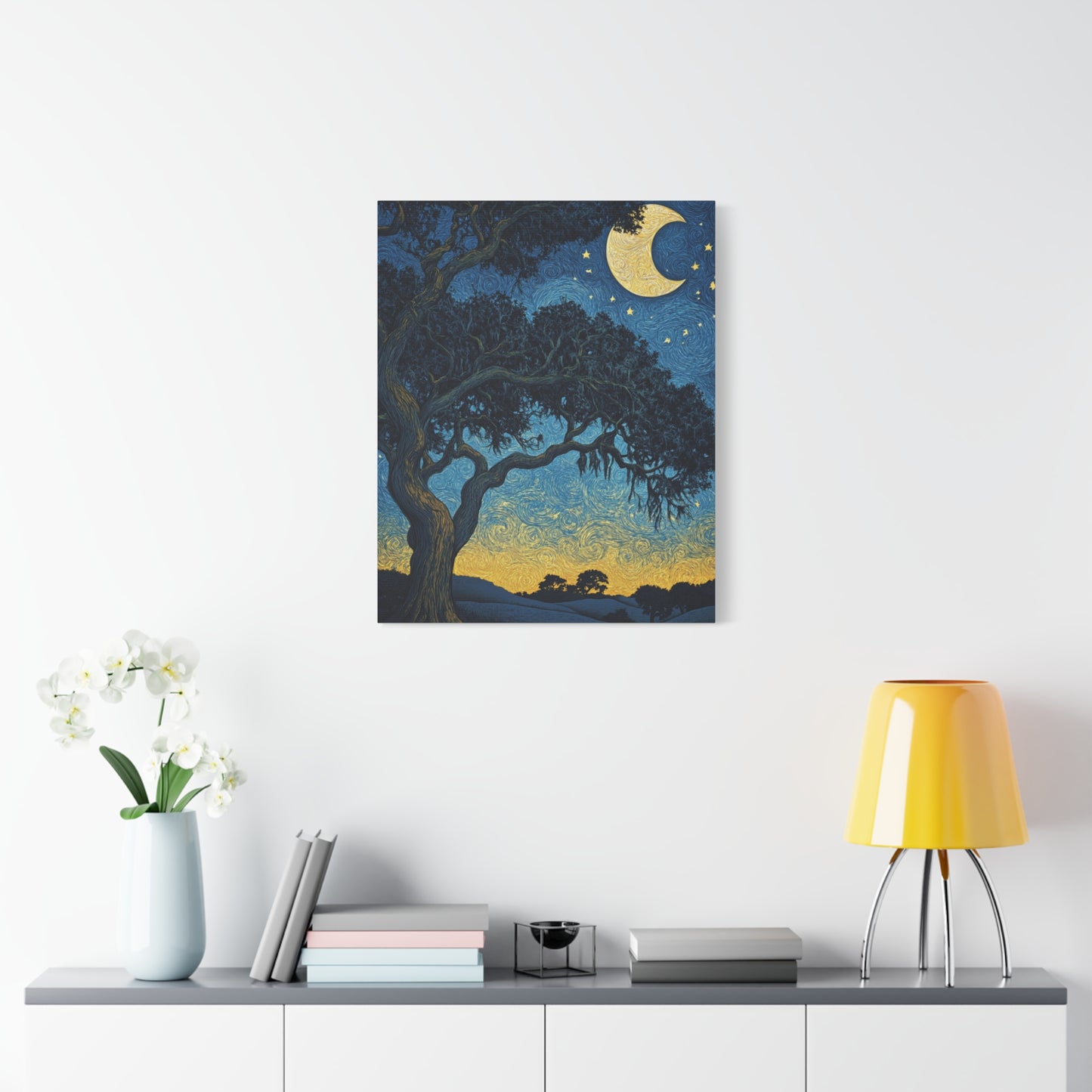Savannah Stary Night Canvas Art Print - Moonlit Live OakTree Wall Decor