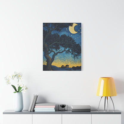 Savannah Stary Night Canvas Art Print - Moonlit Live OakTree Wall Decor