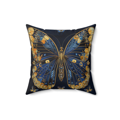 Elegant Dark Faux-Embroidered Blue and Gold Butterfly - Faux Suede Square Pillow